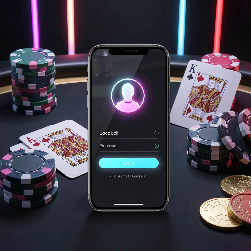 NABIL8 casino app login scene on a smartphone with glowing user profile icon, surrounded by chips, cards, and coins against an elegant dark background with neon highlights
