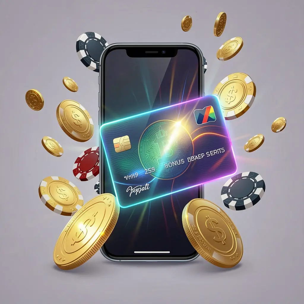 NABIL8 deposit bonus concept featuring a smartphone wallet with a glowing payment card, surrounded by golden coins and poker chips in a modern mobile casino style