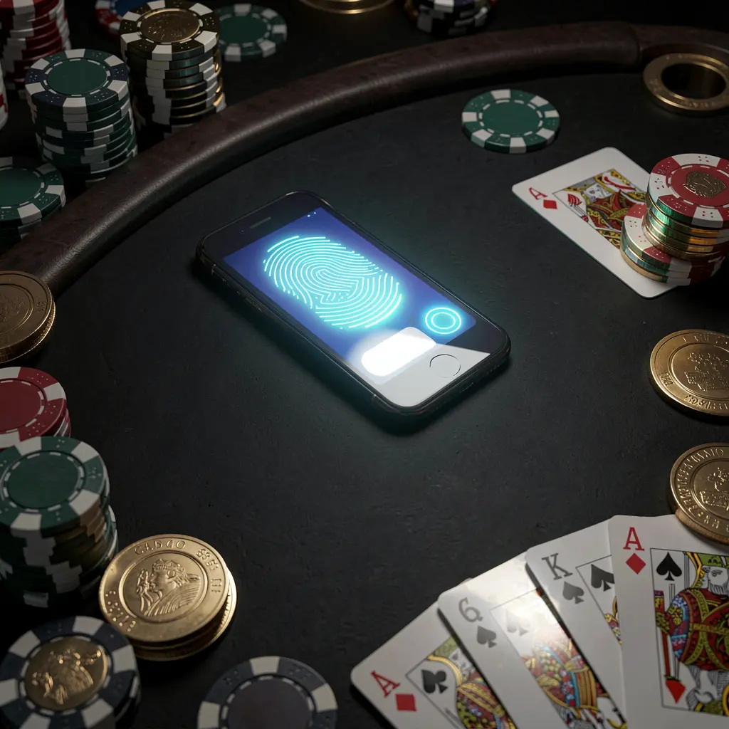 NABIL8 online casino authentication concept showing a phone with glowing fingerprint scan on a premium black table surrounded by poker chips, golden coins, and playing cards in a cinematic 3D render