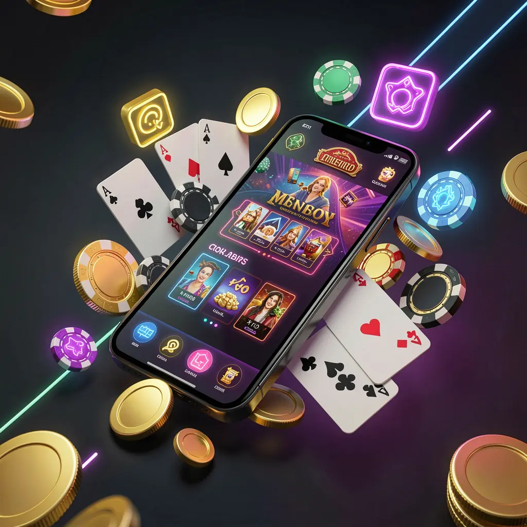 NABIL8 mobile casino homepage concept showing a smartphone surrounded by golden coins, chips, cards, and glowing icons on a modern dark background with neon accents